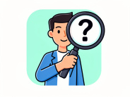 Man sees a question mark through an oversized magnifying glass