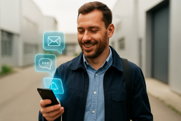 Ein lächelnder Mann im Arbeitsumfeld blickt unterwegs auf sein Smartphone. Über dem Gerät erscheinen leuchtende, blaue Hologramm-Symbole für Nachrichten, Chat und Benachrichtigungen – als Sinnbild für mobile Kommunikation und digitale Arbeitsprozesse.