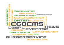 Wortwolke mit EgoCMS Modulen, darunter Begriffe wie BürgerService, Workflow, Events2, News, Schlagwörter, Mandant, Linkchecker, Multimedia und weitere.