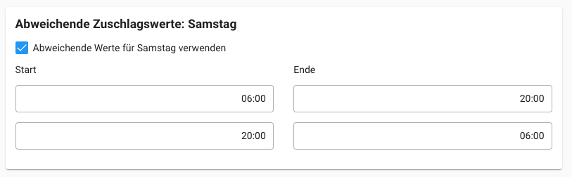 Zuschläge - Abweichende Zuschlagswerte Samstag