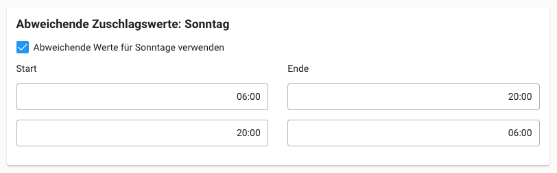Zuschläge - Abweichende Zuschlagswerte Sonntag